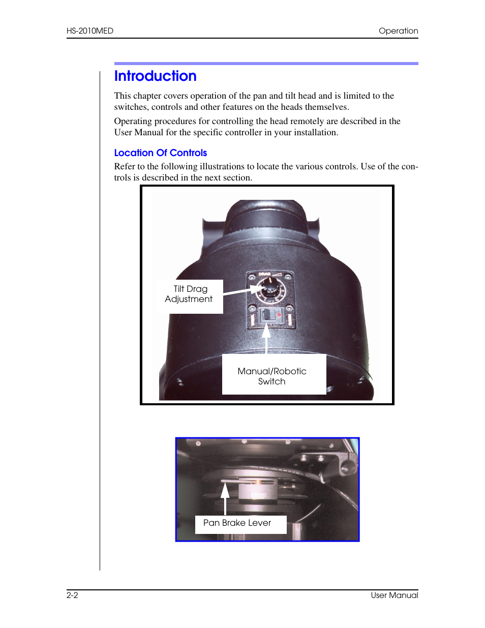 Introduction, Location of controls, Introduction –2 | Location of controls –2 | Vinten Radamec HS-2010MED Pan & Tilt Head User Manual | Page 26 / 70