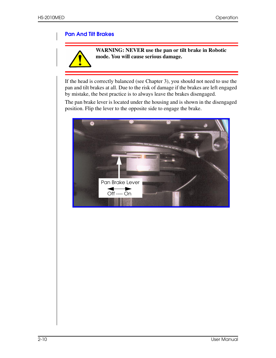 Pan and tilt brakes, Pan and tilt brakes –10 | Vinten Radamec HS-2010MED Pan & Tilt Head User Manual | Page 34 / 70
