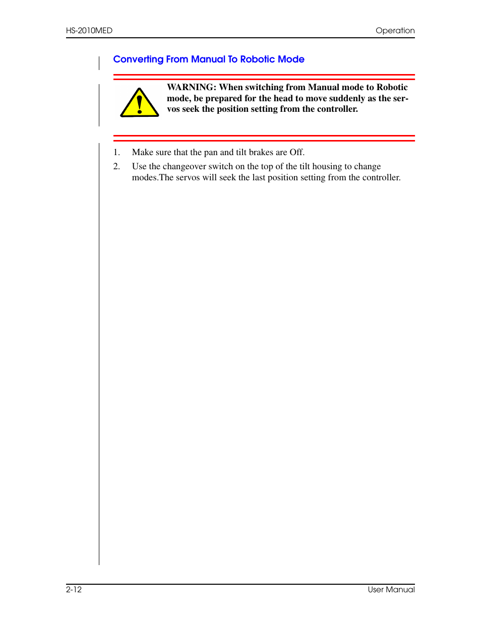 Converting from manual to robotic mode, Converting from manual to robotic mode –12 | Vinten Radamec HS-2010MED Pan & Tilt Head User Manual | Page 36 / 70