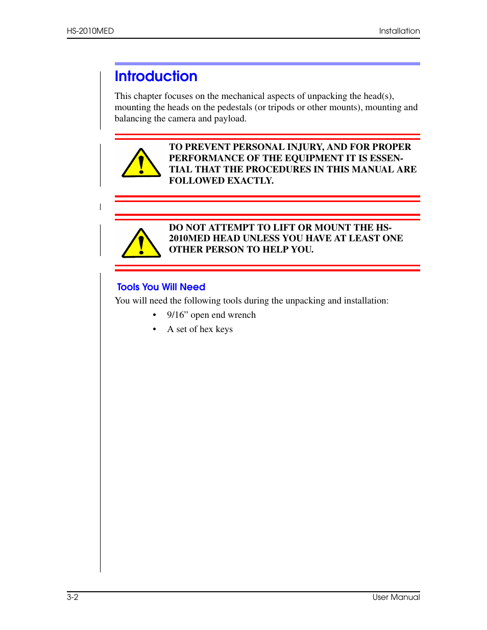 Introduction, Tools you will need, Introduction –2 | Tools you will need –2 | Vinten Radamec HS-2010MED Pan & Tilt Head User Manual | Page 38 / 70