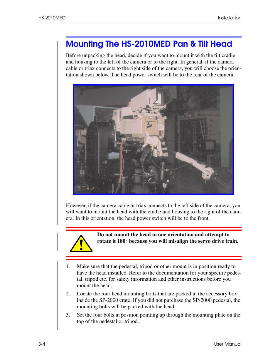 Mounting the hs-2010med pan & tilt head, Mounting the hs-2010med pan & tilt head –4 | Vinten Radamec HS-2010MED Pan & Tilt Head User Manual | Page 40 / 70