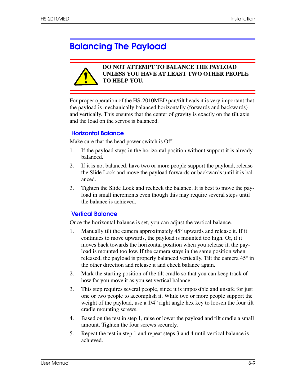 Balancing the payload, Horizontal balance, Vertical balance | Balancing the payload –9, Horizontal balance –9 vertical balance –9 | Vinten Radamec HS-2010MED Pan & Tilt Head User Manual | Page 45 / 70