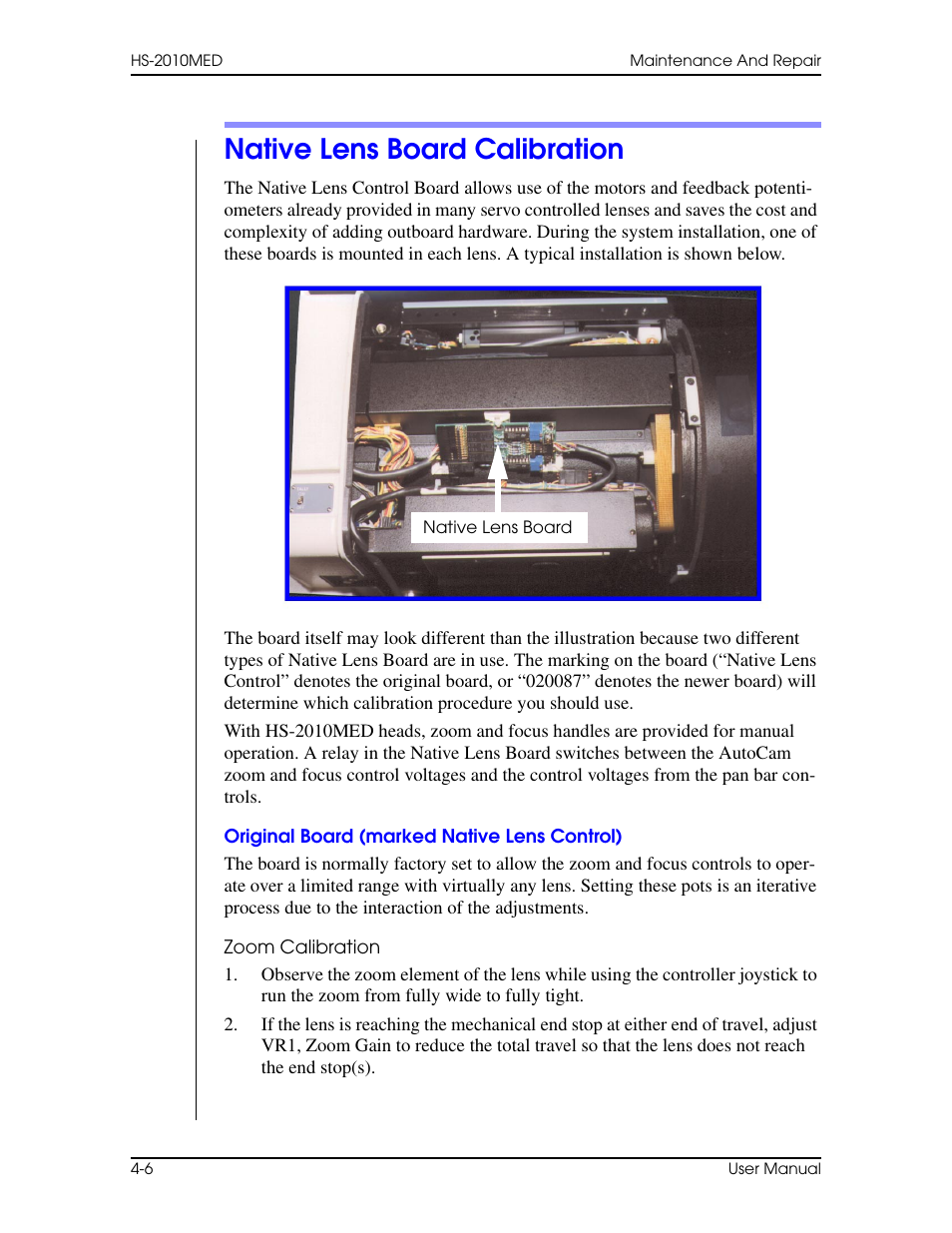 Native lens board calibration, Original board (marked native lens control), Zoom calibration | Native lens board calibration –6, Original board (marked native lens control) –6 | Vinten Radamec HS-2010MED Pan & Tilt Head User Manual | Page 56 / 70