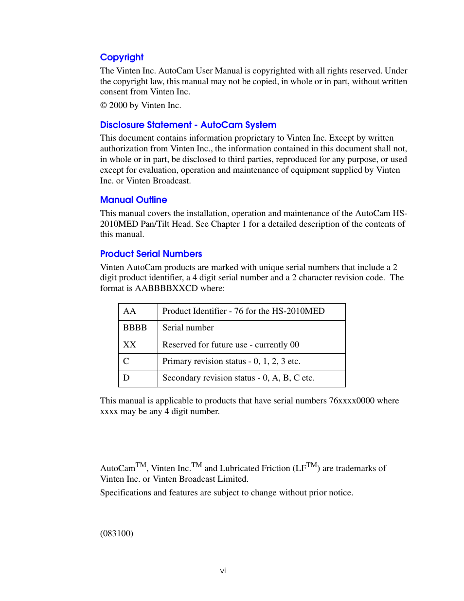 Copyright, Disclosure statement - autocam system, Manual outline | Product serial numbers | Vinten Radamec HS-2010MED Pan & Tilt Head User Manual | Page 6 / 70