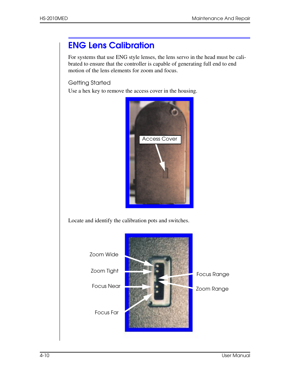 Eng lens calibration, Getting started, Eng lens calibration –10 | Vinten Radamec HS-2010MED Pan & Tilt Head User Manual | Page 60 / 70