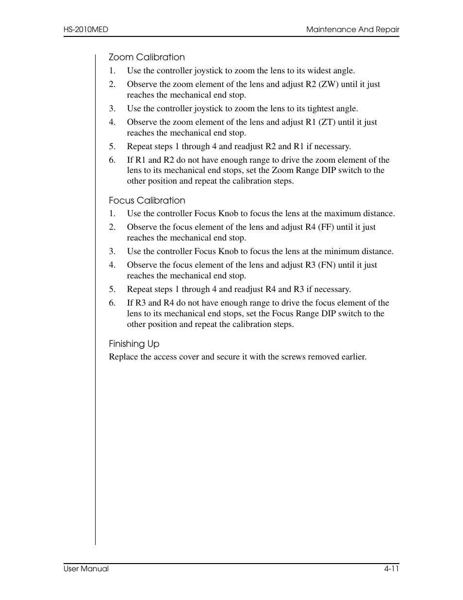 Zoom calibration, Focus calibration, Finishing up | Vinten Radamec HS-2010MED Pan & Tilt Head User Manual | Page 61 / 70