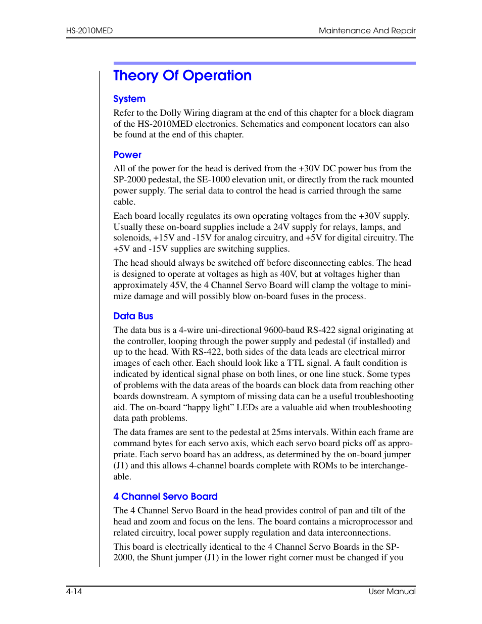 Theory of operation, System, Power | Data bus, 4 channel servo board, Theory of operation –14 | Vinten Radamec HS-2010MED Pan & Tilt Head User Manual | Page 64 / 70