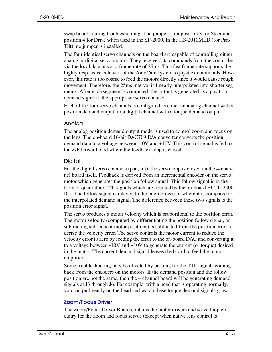 Analog, Digital, Zoom/focus driver | Analog 4–15 digital 4–15, Zoom/focus driver –15 | Vinten Radamec HS-2010MED Pan & Tilt Head User Manual | Page 65 / 70