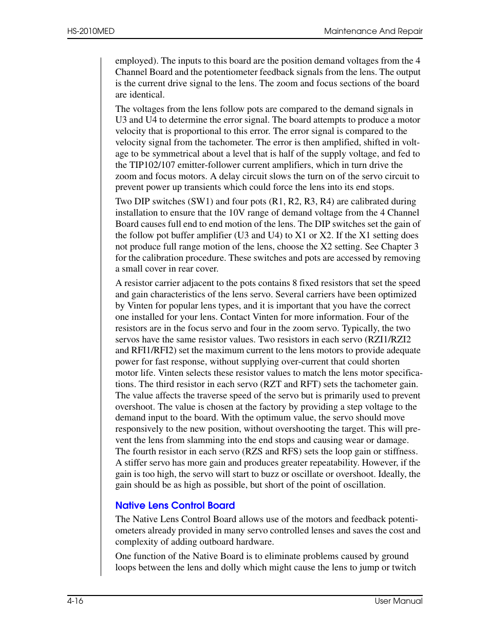 Native lens control board, Native lens control board –16 | Vinten Radamec HS-2010MED Pan & Tilt Head User Manual | Page 66 / 70