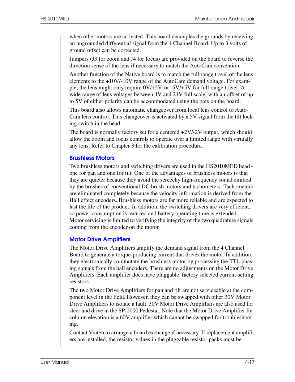 Brushless motors, Motor drive amplifiers, Brushless motors –17 motor drive amplifiers –17 | Vinten Radamec HS-2010MED Pan & Tilt Head User Manual | Page 67 / 70