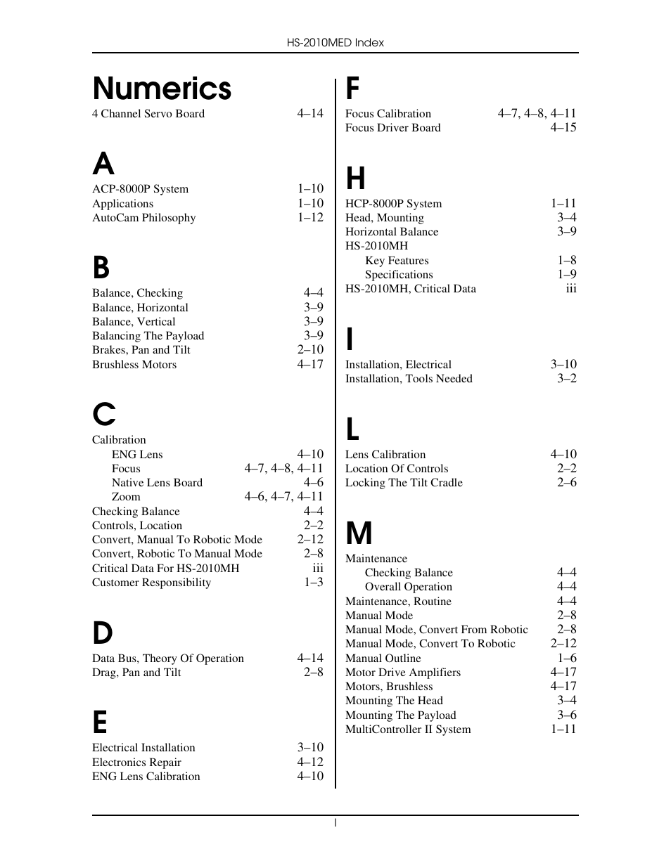 Numerics | Vinten Radamec HS-2010MED Pan & Tilt Head User Manual | Page 69 / 70