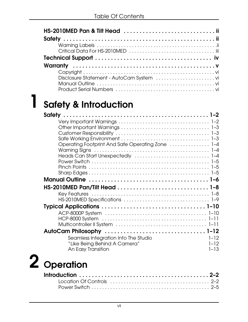 Safety & introduction, Operation | Vinten Radamec HS-2010MED Pan & Tilt Head User Manual | Page 7 / 70
