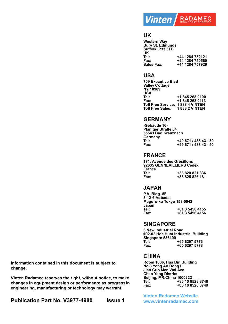 Germany, France, Japan | Singapore, China | Vinten Radamec Native Lens Drive (NLD) User Manual | Page 19 / 19