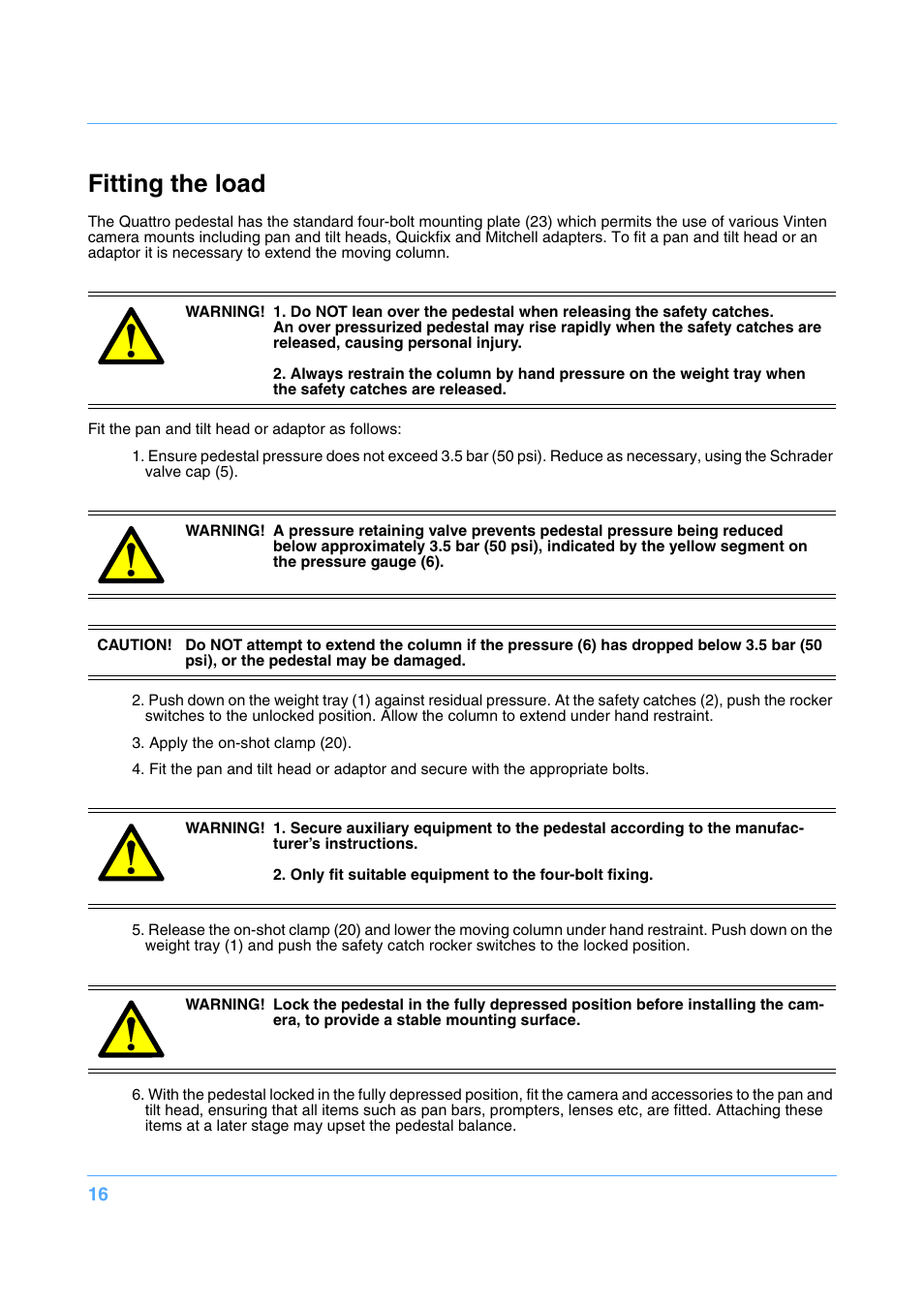 Fitting the load | Vinten Radamec Quattro SE Pedestal User Manual | Page 18 / 30