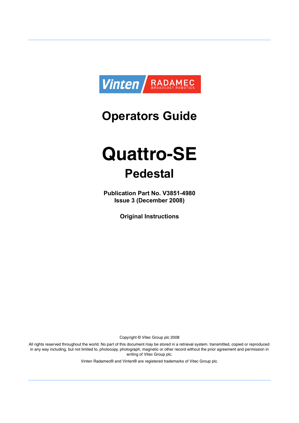 Quattro-se, Operators guide, Pedestal | Vinten Radamec Quattro SE Pedestal User Manual | Page 3 / 30