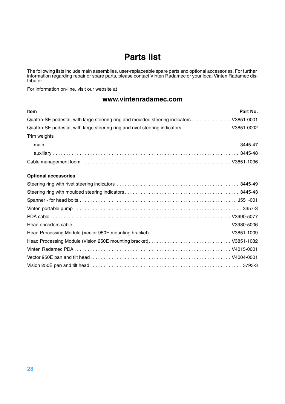 Parts list | Vinten Radamec Quattro SE Pedestal User Manual | Page 30 / 30