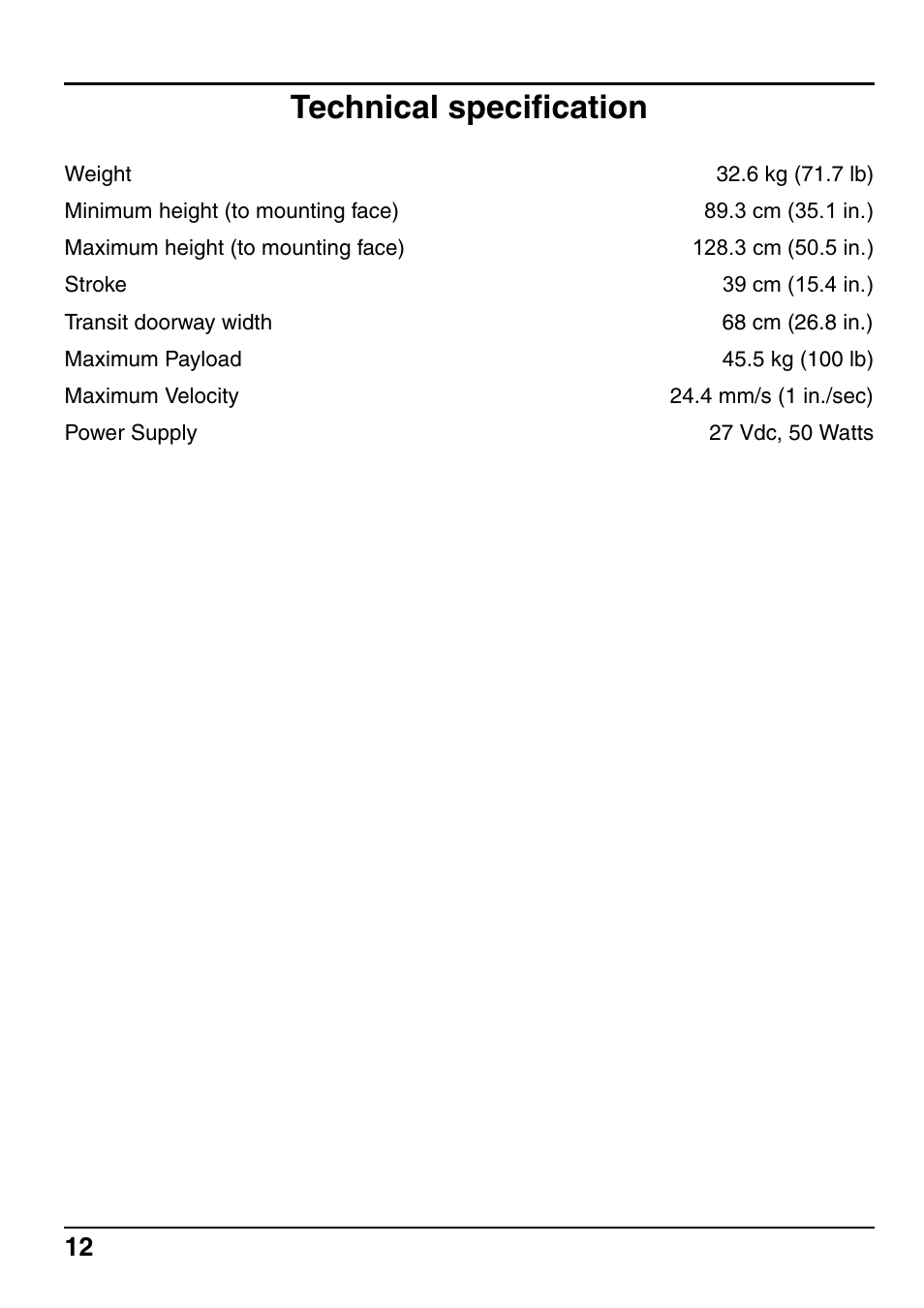 Technical specification | Vinten Radamec SE-500 Elevation Unit User Manual | Page 13 / 33