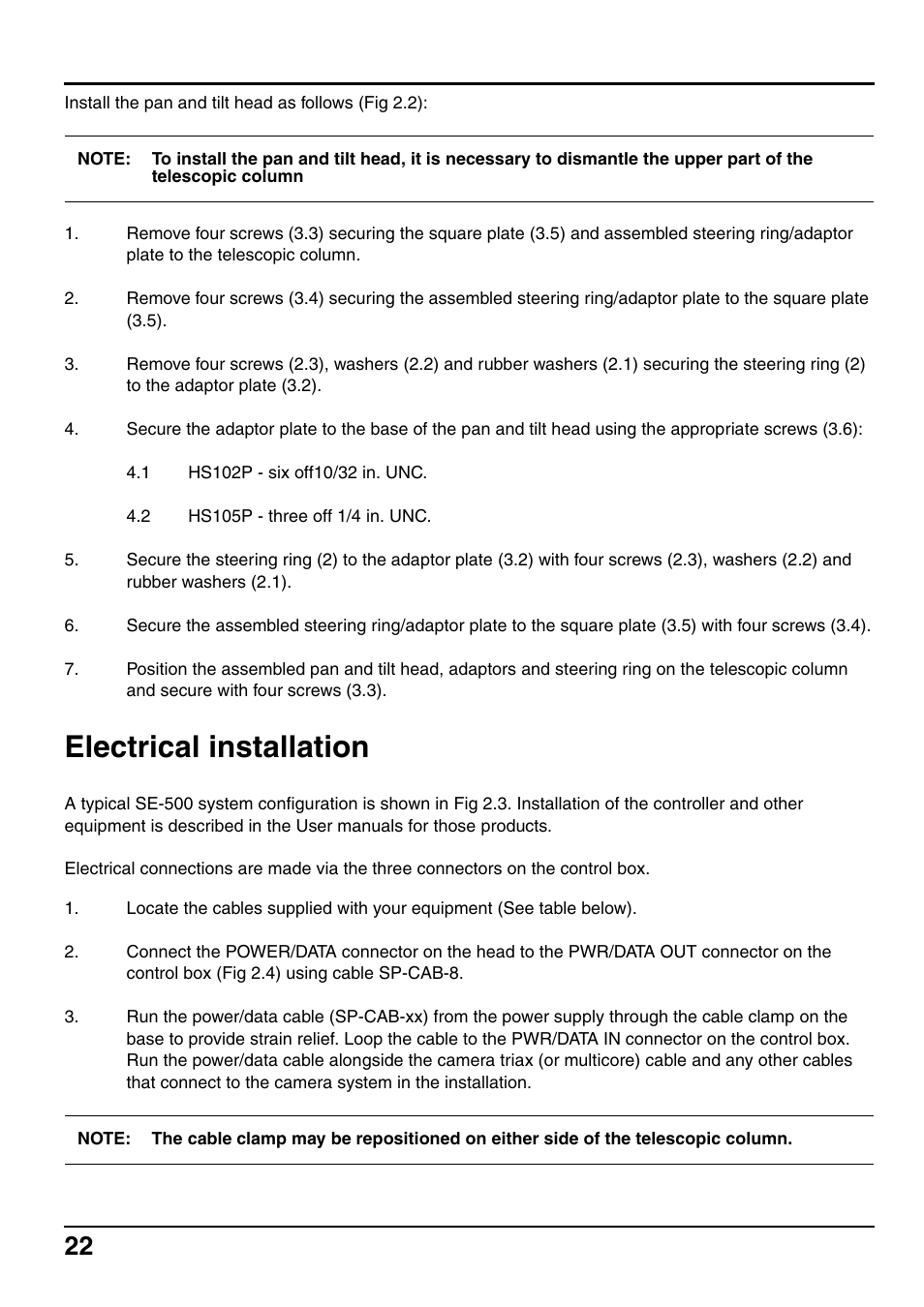 Electrical installation | Vinten Radamec SE-500 Elevation Unit User Manual | Page 23 / 33