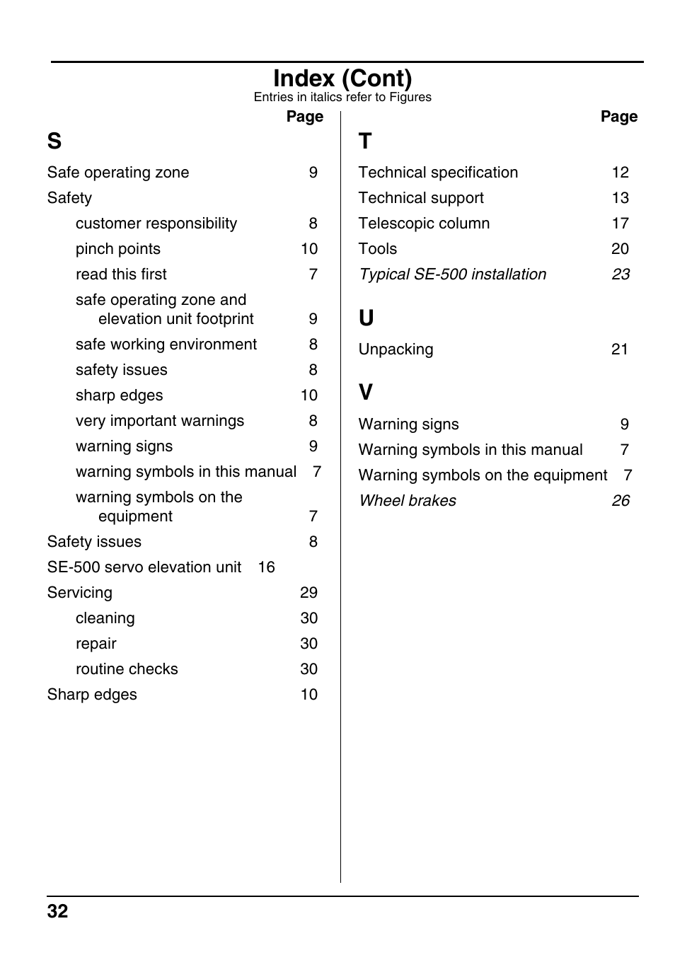 Index (cont) | Vinten Radamec SE-500 Elevation Unit User Manual | Page 33 / 33