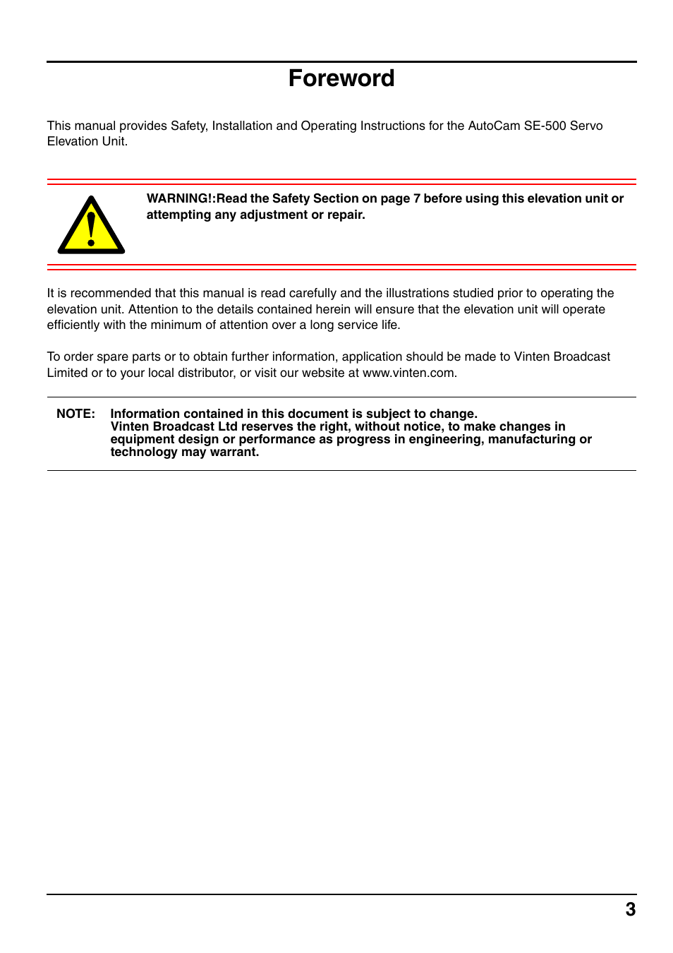 Foreword | Vinten Radamec SE-500 Elevation Unit User Manual | Page 4 / 33