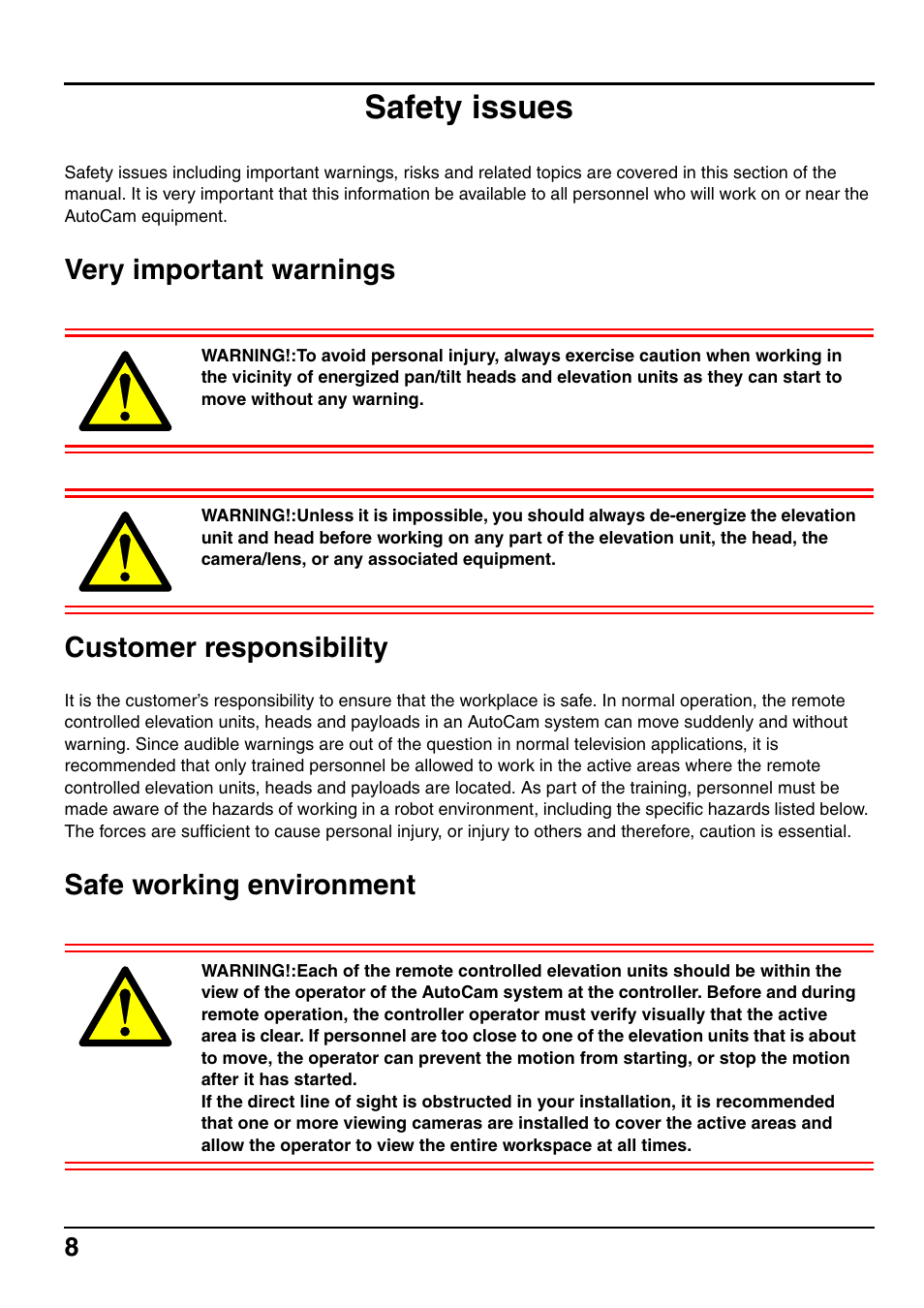Safety issues, Very important warnings customer responsibility, Safe working environment | Vinten Radamec SE-500 Elevation Unit User Manual | Page 9 / 33