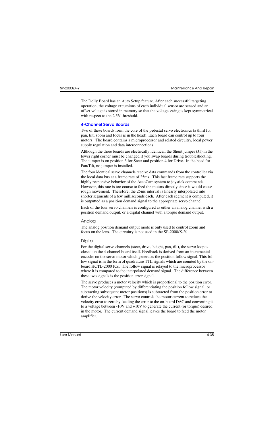 Channel servo boards, Analog, Digital | Channel servo boards –35, Analog 4–35 digital 4–35 | Vinten Radamec SP-2000 Pedestal User Manual | Page 101 / 106