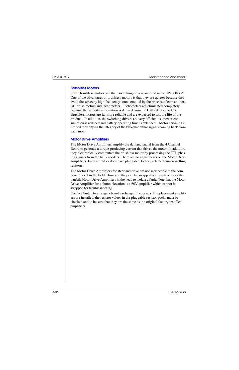 Brushless motors, Motor drive amplifiers, Brushless motors –36 motor drive amplifiers –36 | Vinten Radamec SP-2000 Pedestal User Manual | Page 102 / 106