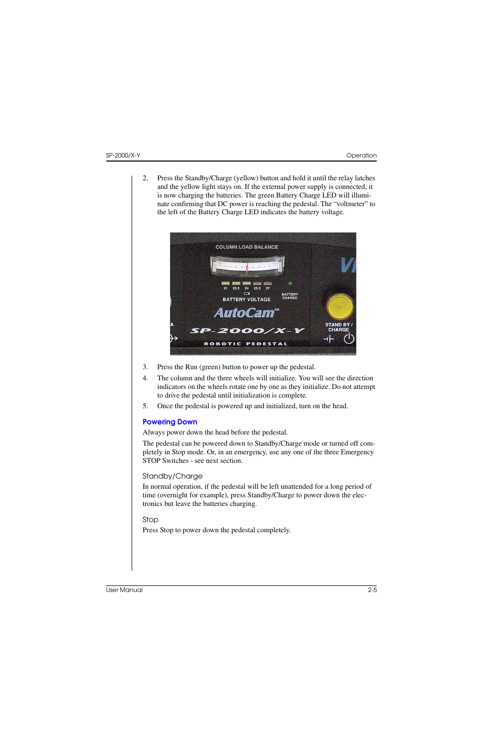 Powering down, Standby/charge, Stop | Powering down –5, Standby/charge 2–5 stop 2–5 | Vinten Radamec SP-2000 Pedestal User Manual | Page 33 / 106