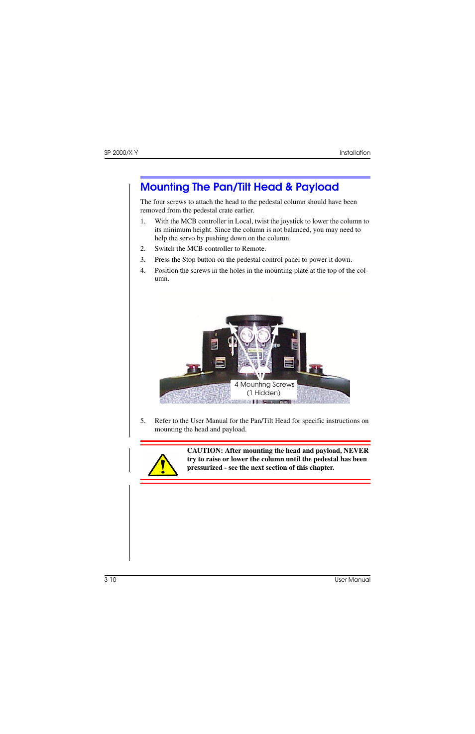 Mounting the pan/tilt head & payload, Mounting the pan/tilt head & payload –10 | Vinten Radamec SP-2000 Pedestal User Manual | Page 50 / 106