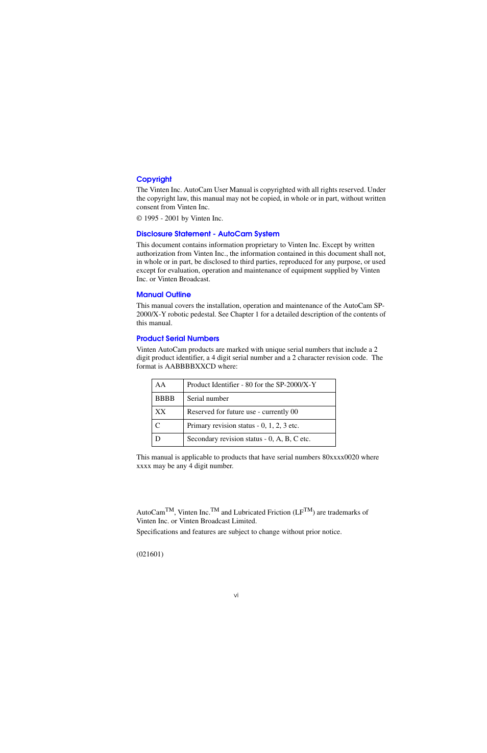 Copyright, Disclosure statement - autocam system, Manual outline | Product serial numbers | Vinten Radamec SP-2000 Pedestal User Manual | Page 6 / 106