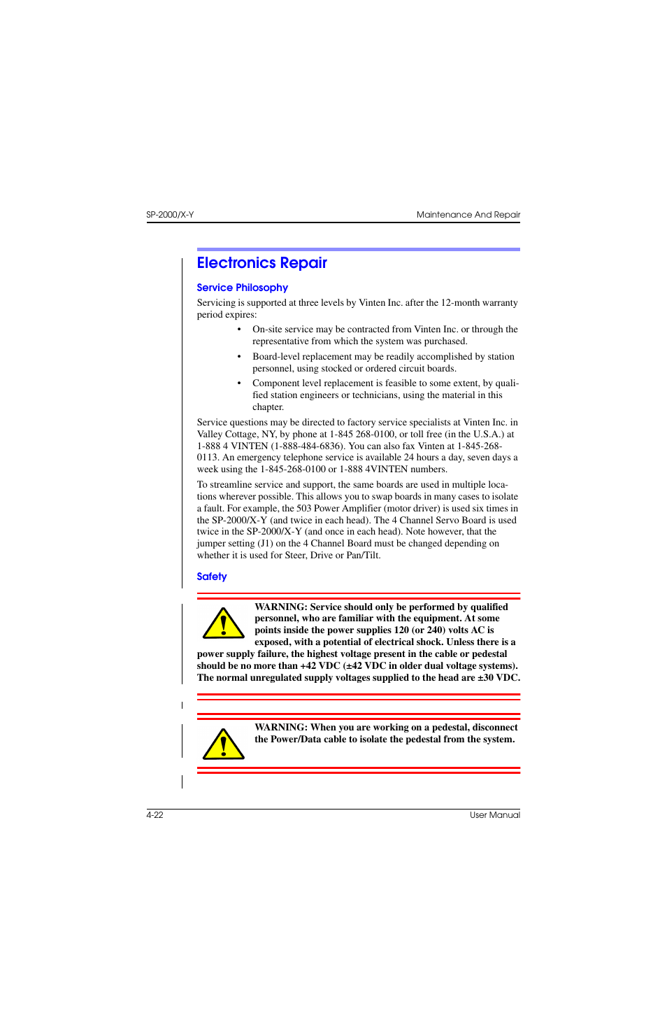 Electronics repair, Service philosophy, Safety | Electronics repair –22, Service philosophy –22 safety –22 | Vinten Radamec SP-2000 Pedestal User Manual | Page 88 / 106