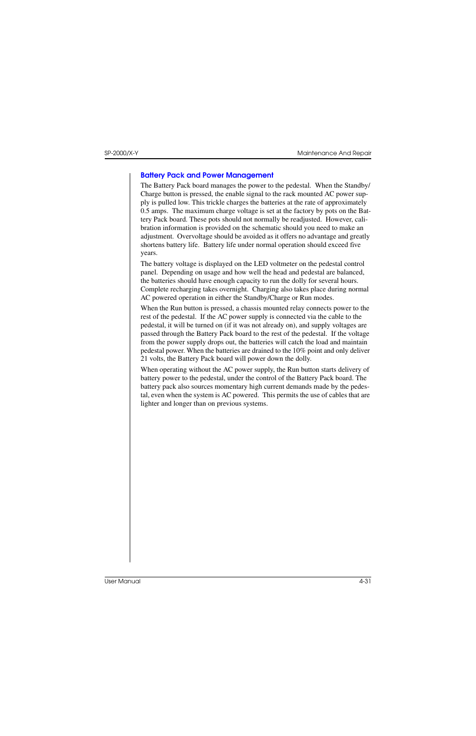 Battery pack and power management, Battery pack and power management –31 | Vinten Radamec SP-2000 Pedestal User Manual | Page 97 / 106