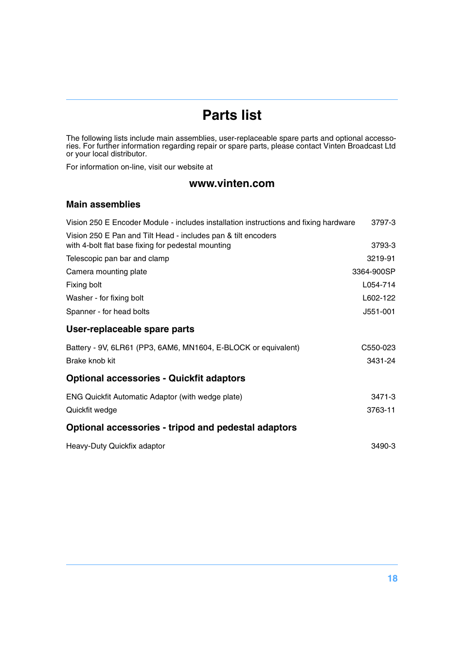 Parts list | Vinten Radamec Vision 250E User Manual | Page 18 / 18