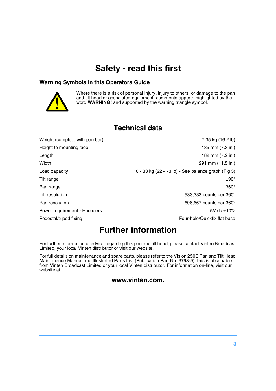 Safety - read this first, Technical data, Further information | Vinten Radamec Vision 250E User Manual | Page 3 / 18