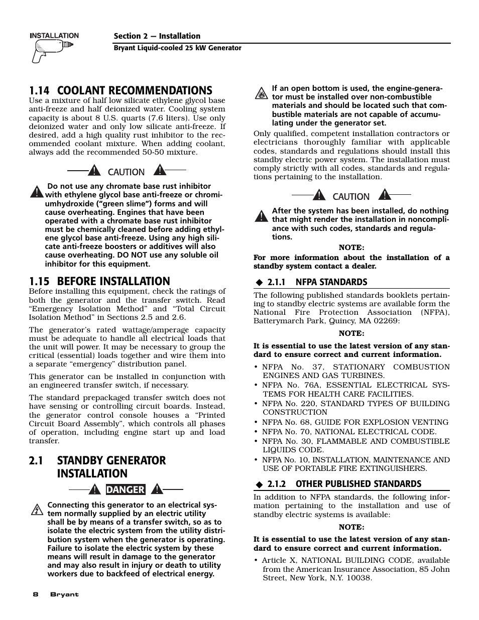 14 coolant recommendations, 15 before installation, 1 standby generator installation | Bryant Liquid-Cooled User Manual | Page 10 / 56