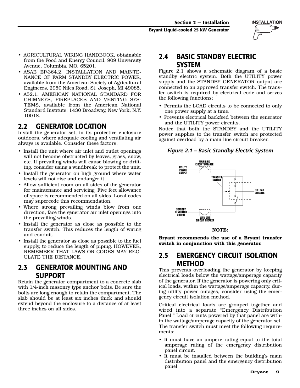 2 generator location, 3 generator mounting and support, 4 basic standby electric system | 5 emergency circuit isolation method | Bryant Liquid-Cooled User Manual | Page 11 / 56