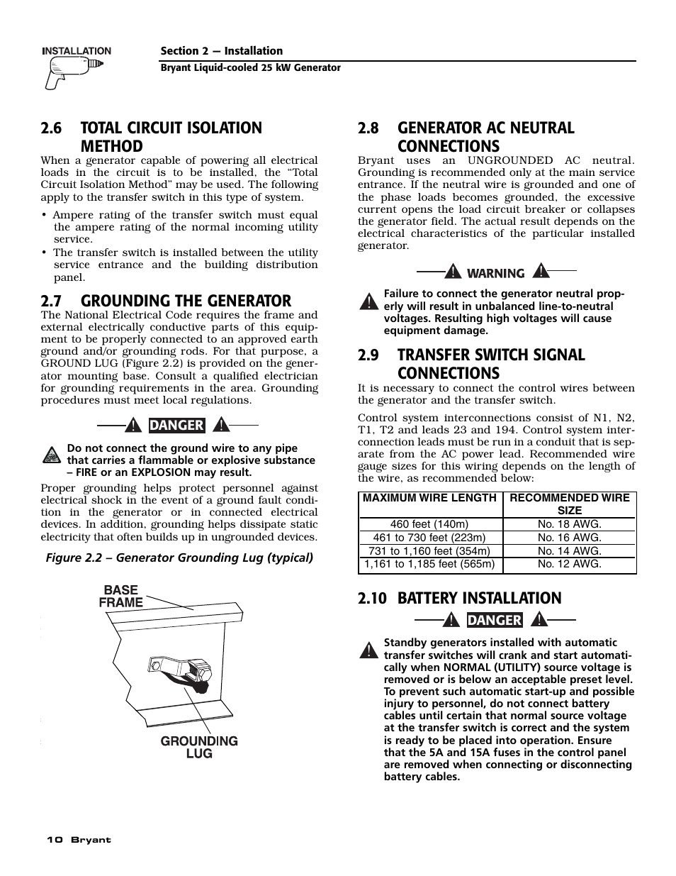 6 total circuit isolation method, 7 grounding the generator, 8 generator ac neutral connections | 9 transfer switch signal connections, 10 battery installation | Bryant Liquid-Cooled User Manual | Page 12 / 56