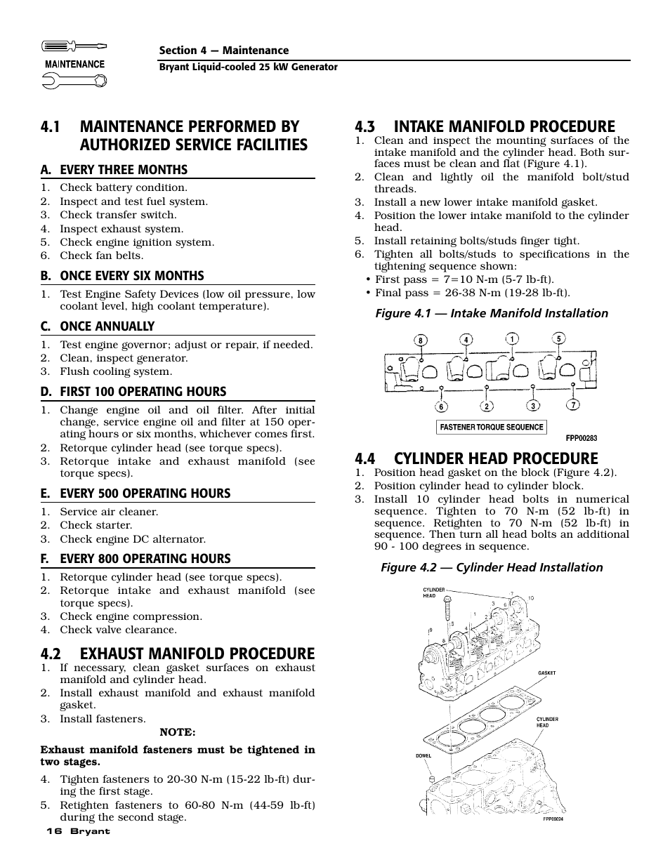 2 exhaust manifold procedure, 3 intake manifold procedure, 4 cylinder head procedure | Bryant Liquid-Cooled User Manual | Page 18 / 56