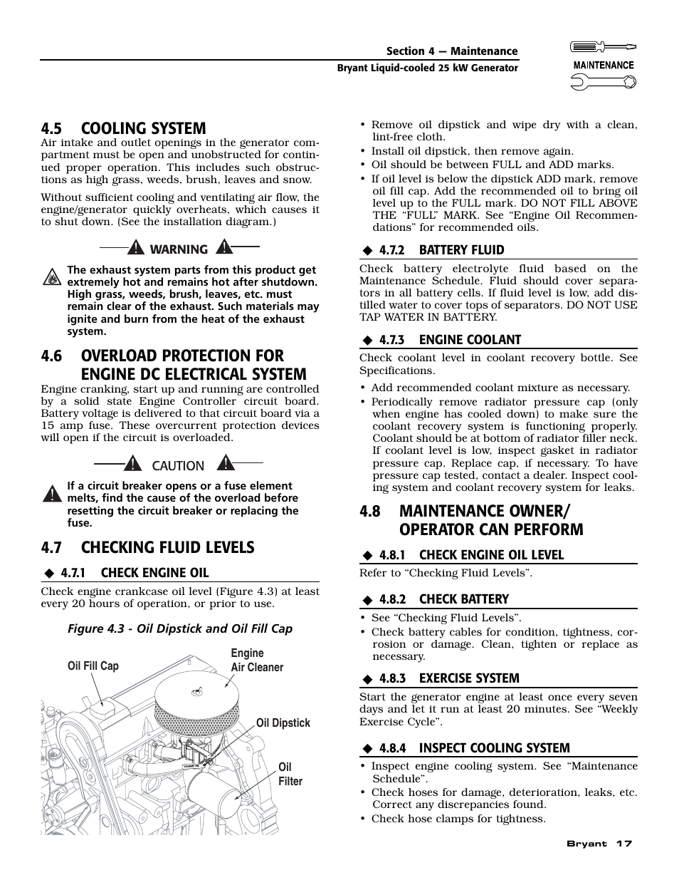 5 cooling system, 7 checking fluid levels, 8 maintenance owner/ operator can perform | Bryant Liquid-Cooled User Manual | Page 19 / 56