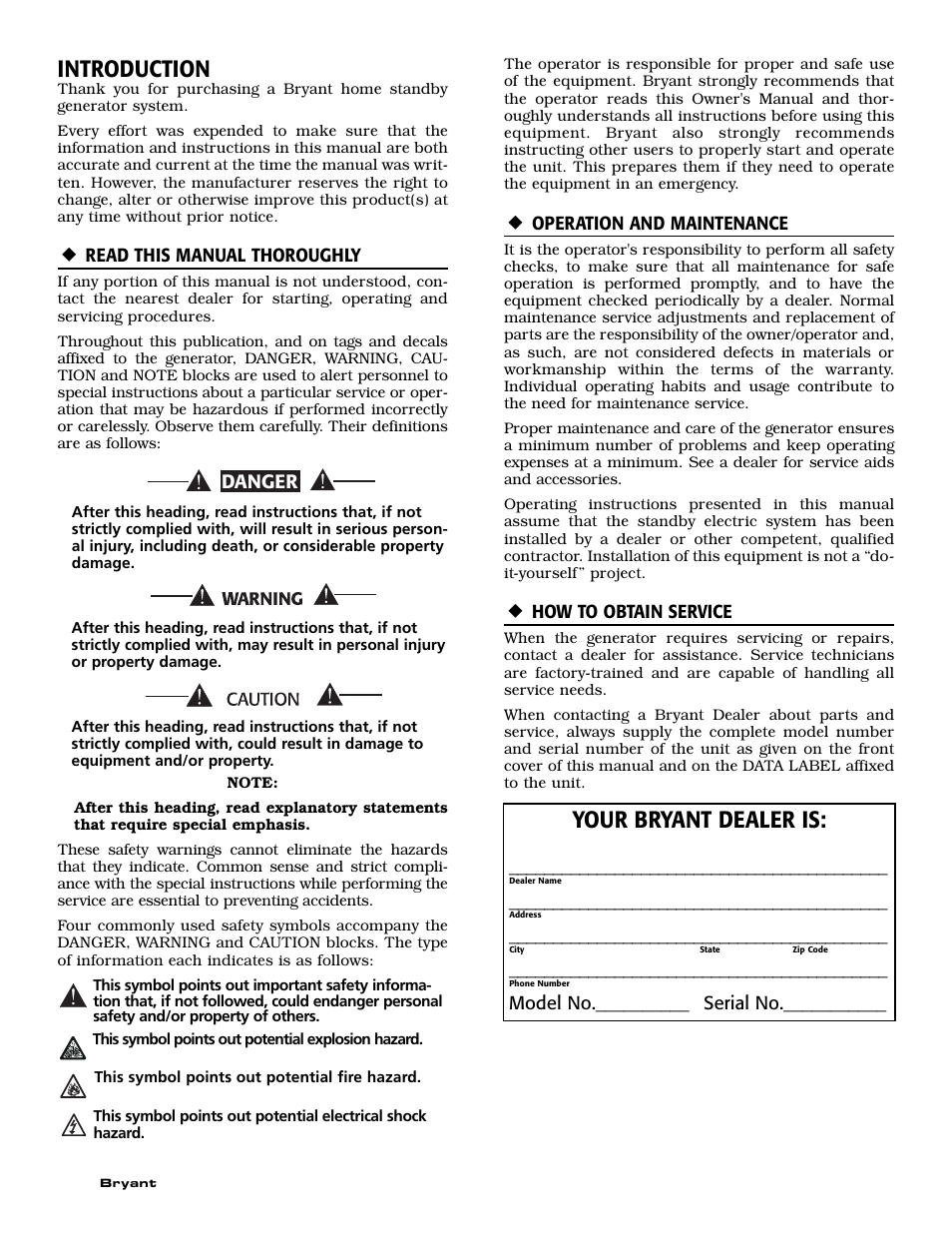 Introduction, Your bryant dealer is, Danger | Bryant Liquid-Cooled User Manual | Page 2 / 56