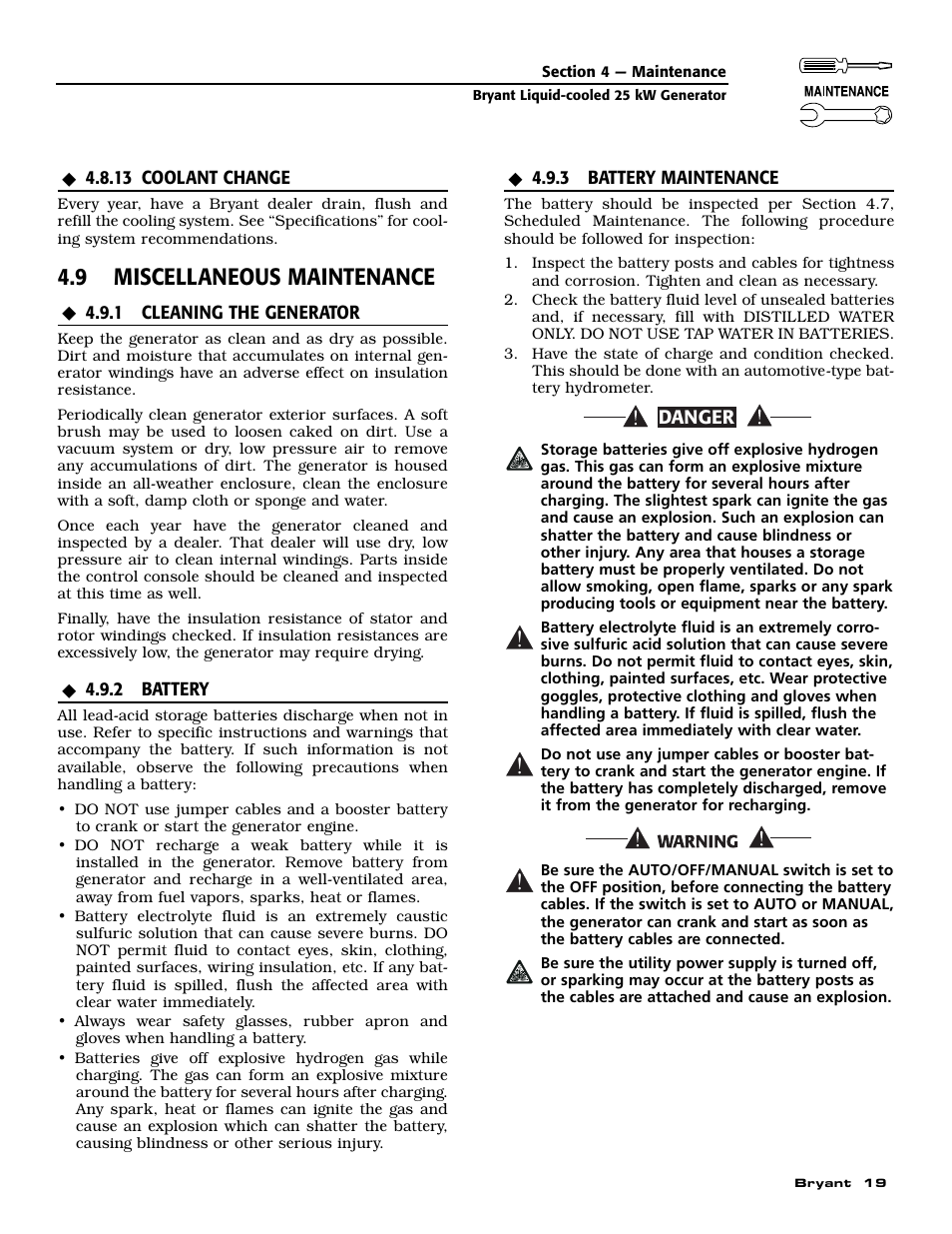 9 miscellaneous maintenance | Bryant Liquid-Cooled User Manual | Page 21 / 56