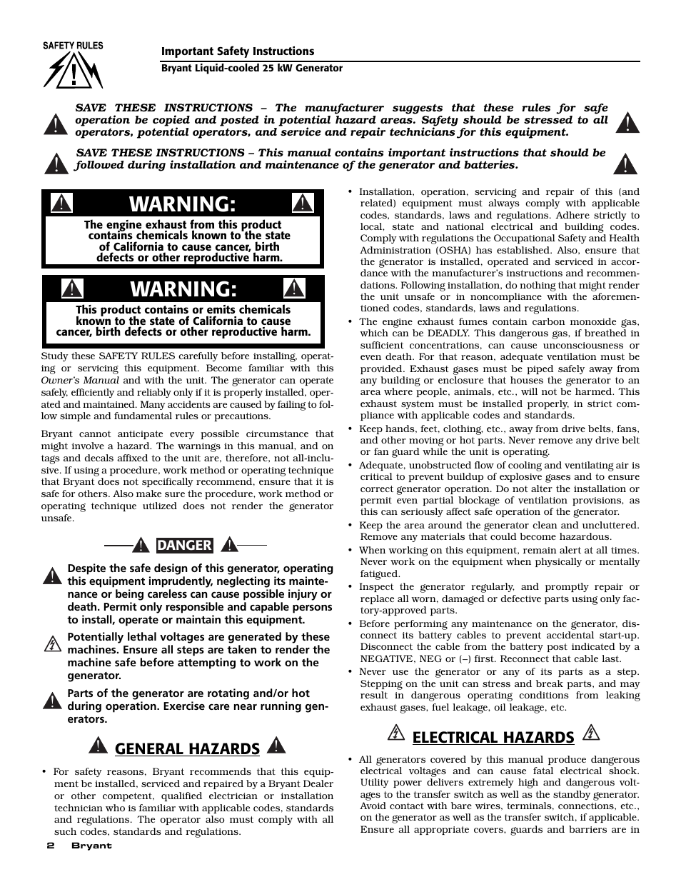 Warning, General hazards, Electrical hazards | Bryant Liquid-Cooled User Manual | Page 4 / 56