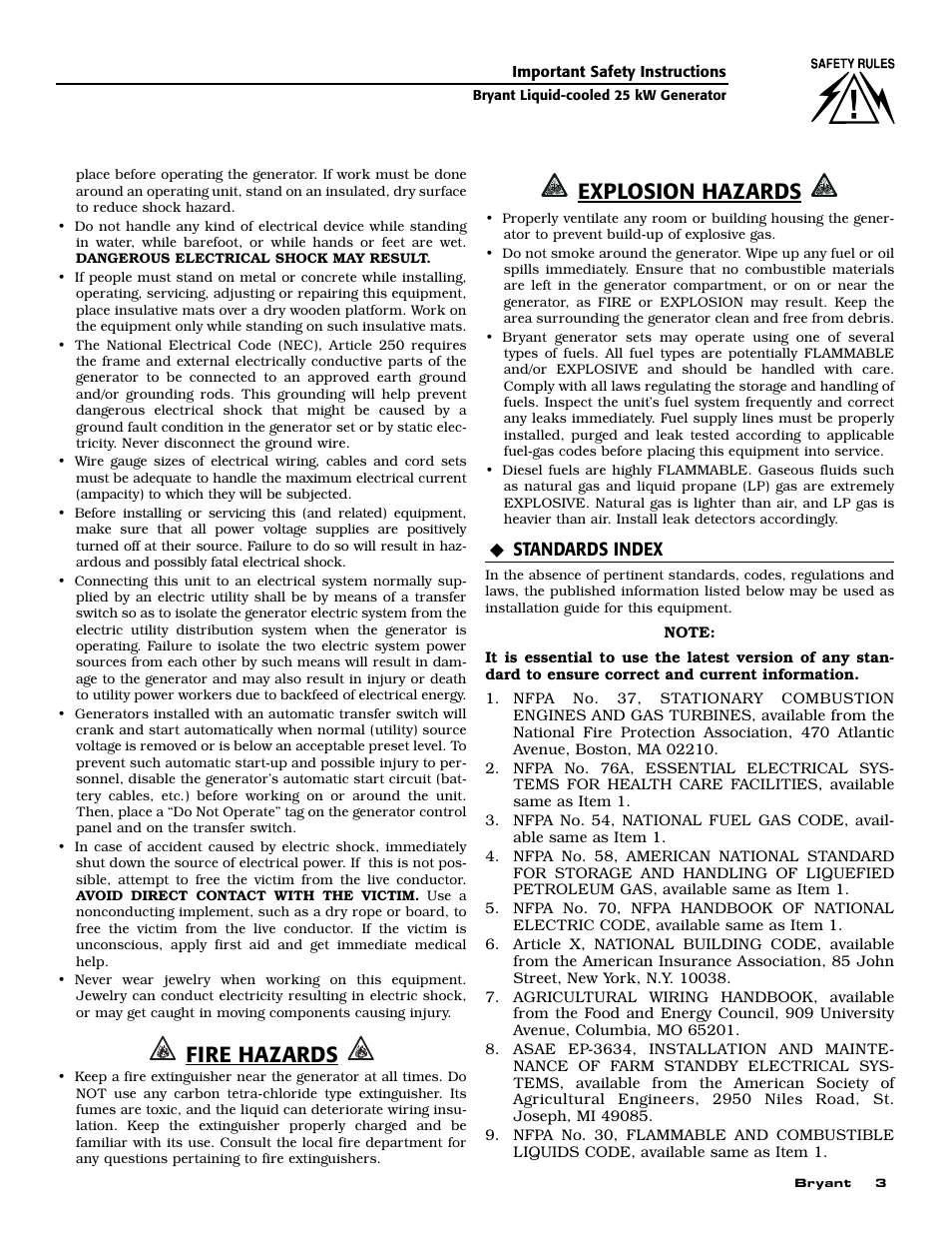 Fire hazards, Explosion hazards | Bryant Liquid-Cooled User Manual | Page 5 / 56