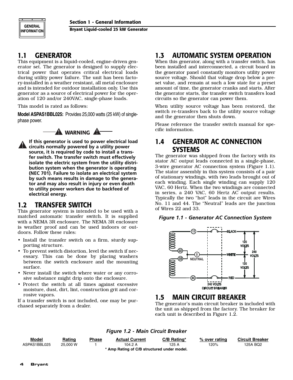 1 generator, 2 transfer switch, 3 automatic system operation | 4 generator ac connection systems, 5 main circuit breaker | Bryant Liquid-Cooled User Manual | Page 6 / 56