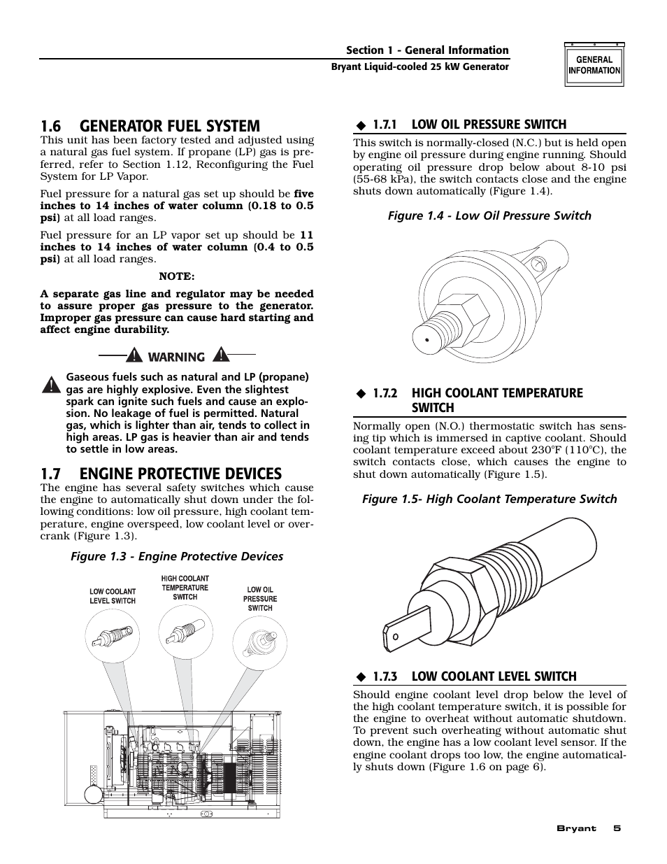 6 generator fuel system, 7 engine protective devices | Bryant Liquid-Cooled User Manual | Page 7 / 56