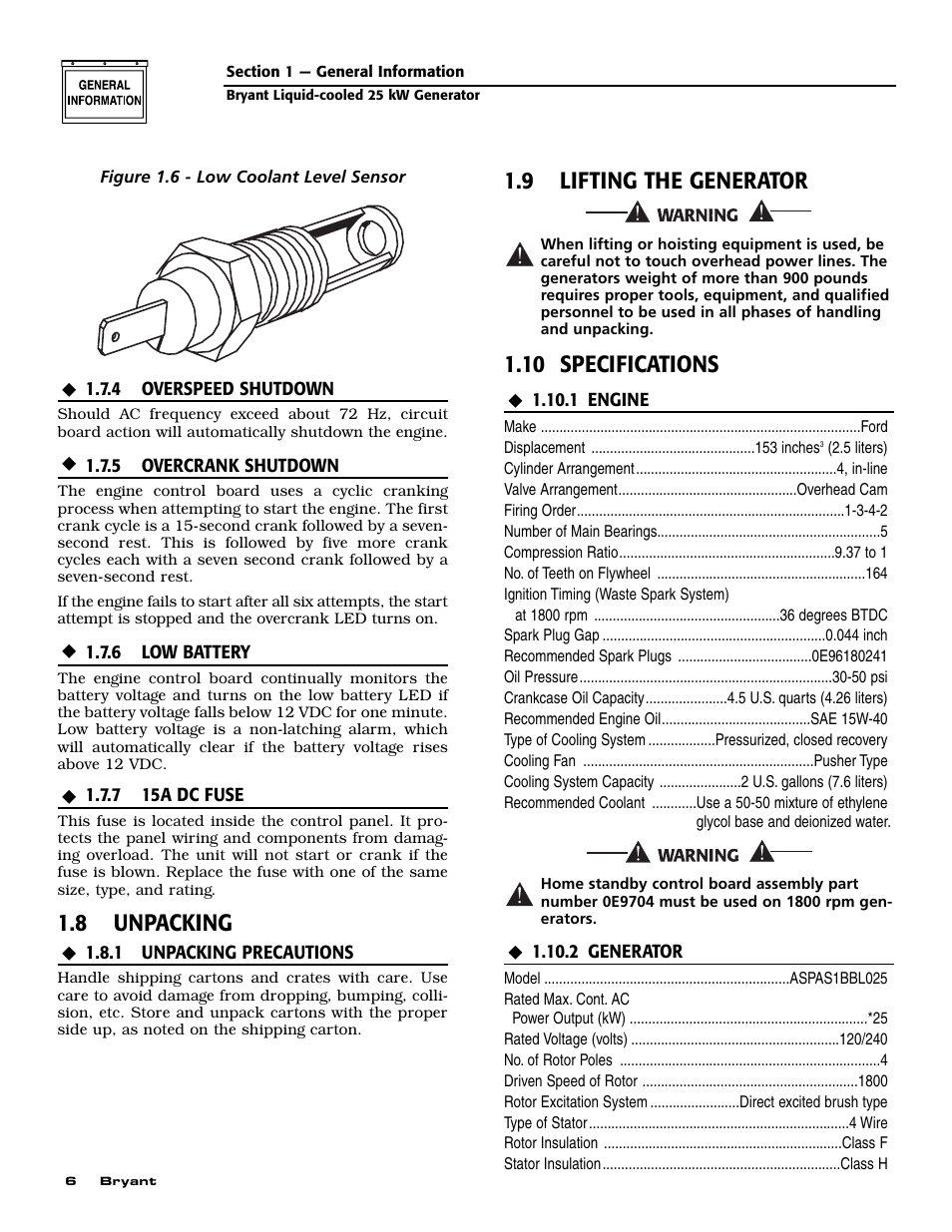 8 unpacking, 9 lifting the generator, 10 specifications | Bryant Liquid-Cooled User Manual | Page 8 / 56