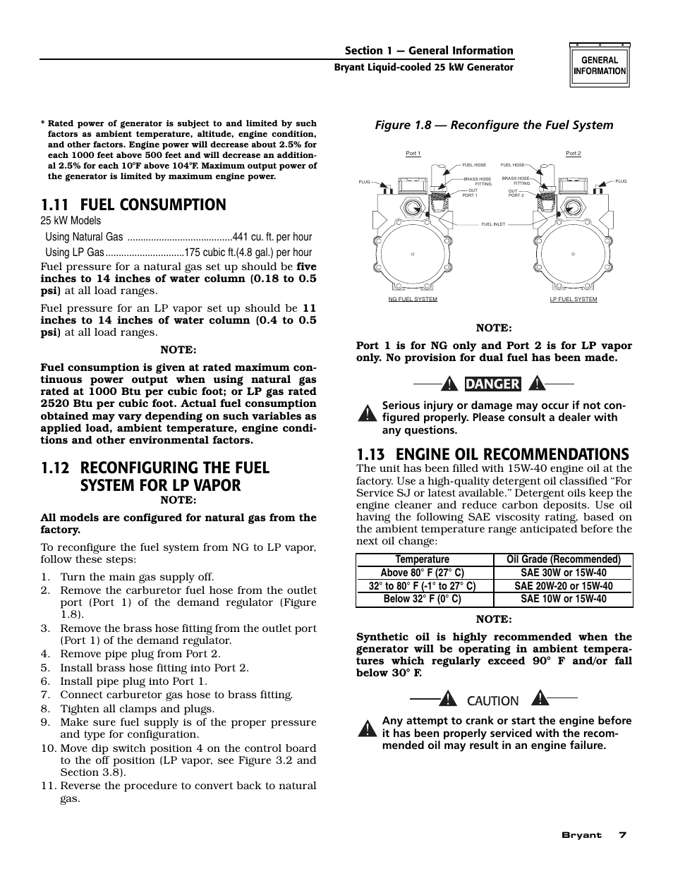 11 fuel consumption, 12 reconfiguring the fuel system for lp vapor, 13 engine oil recommendations | Danger | Bryant Liquid-Cooled User Manual | Page 9 / 56