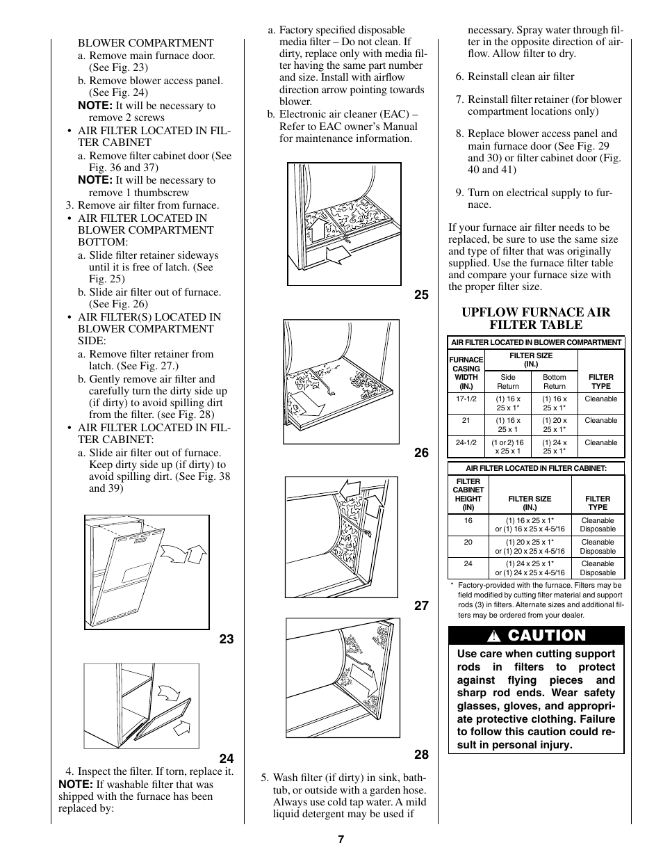 Caution, Upflow furnace air filter table | Bryant CONDENSING GAS FURNACE 352MAV User Manual | Page 7 / 12