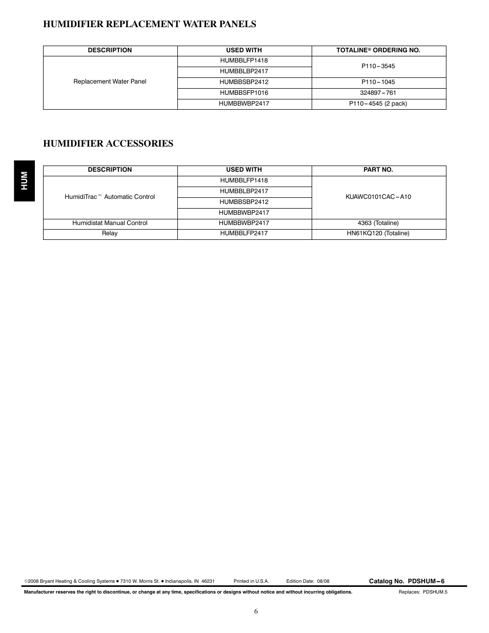 Humidifier replacement water panels, Humidifier accessories | Bryant HUMBBLBP2417 User Manual | Page 6 / 6
