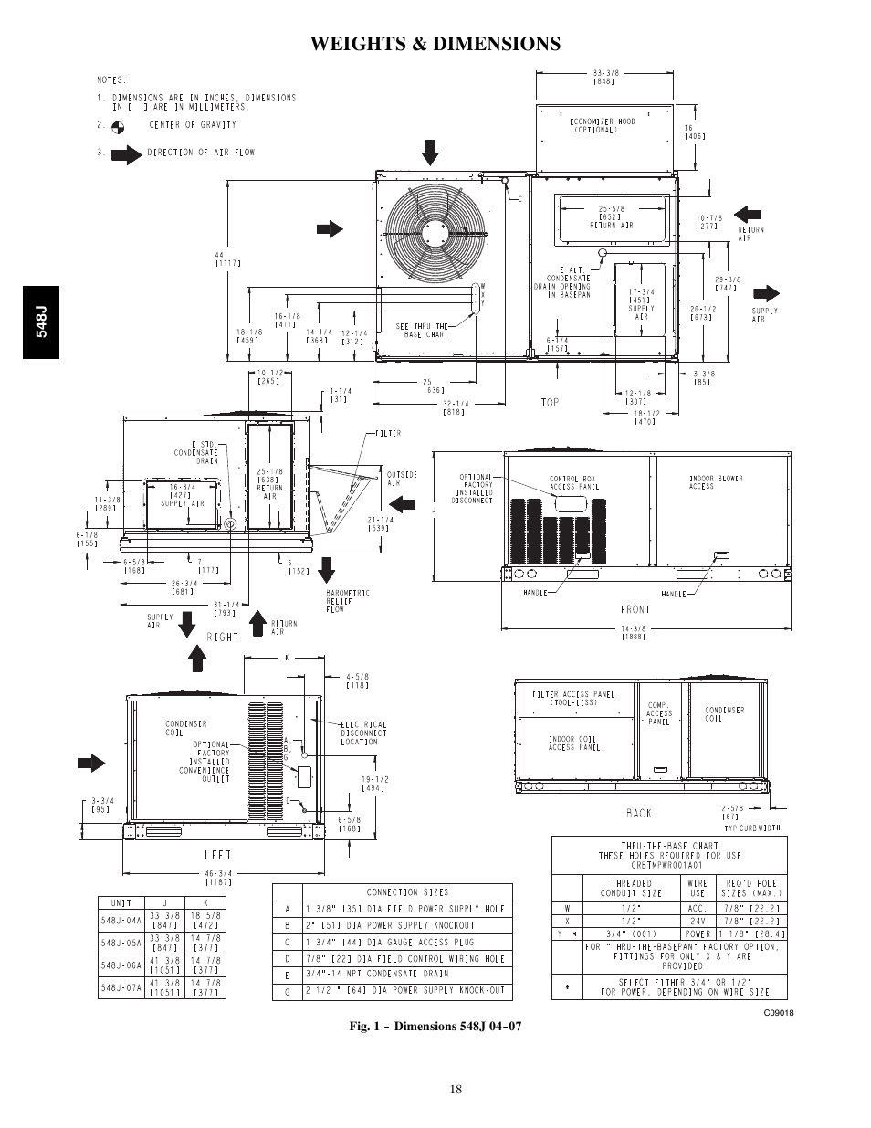 Weights & dimensions | Bryant PACKAGED HEAT PUMP 548J User Manual | Page 18 / 76